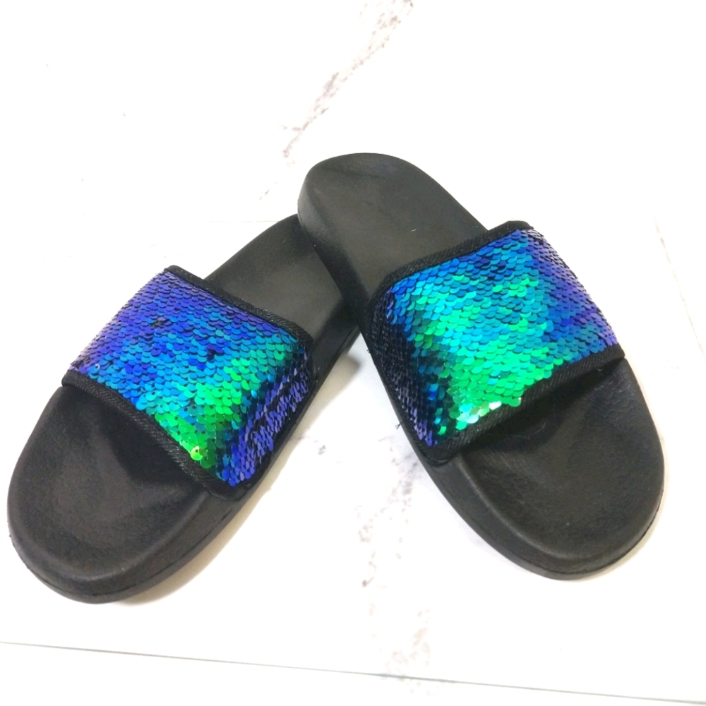 Sequins Mermaid Purple Blue Slide On Sandals
